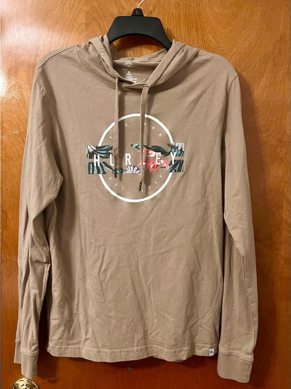 Hurley Taupe Long-Sleeve Hooded Tee with Floral Logo